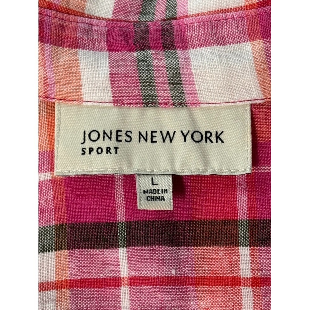 Jones New York Sport Shirt L 100% Linen Plaid Madras Button Front Preppy - Picture 8 of 12